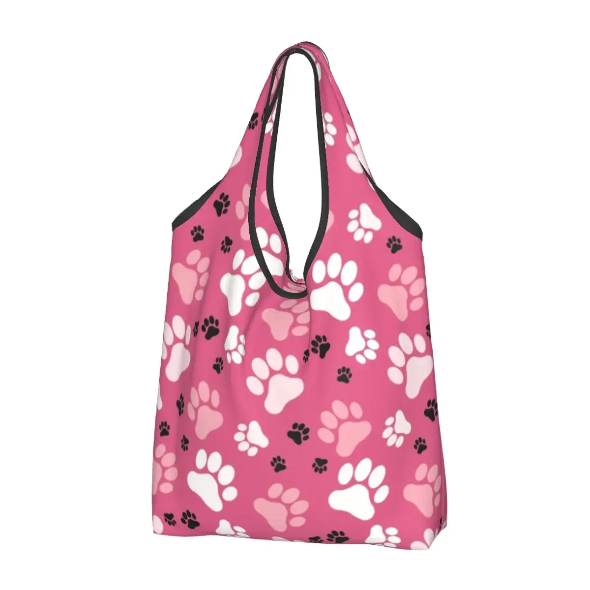 Custom Fashion Paw Prints Pink Shopping Tote Bags Portable Colorful Floral Pretty Groceries Shopper Shoulder Bag