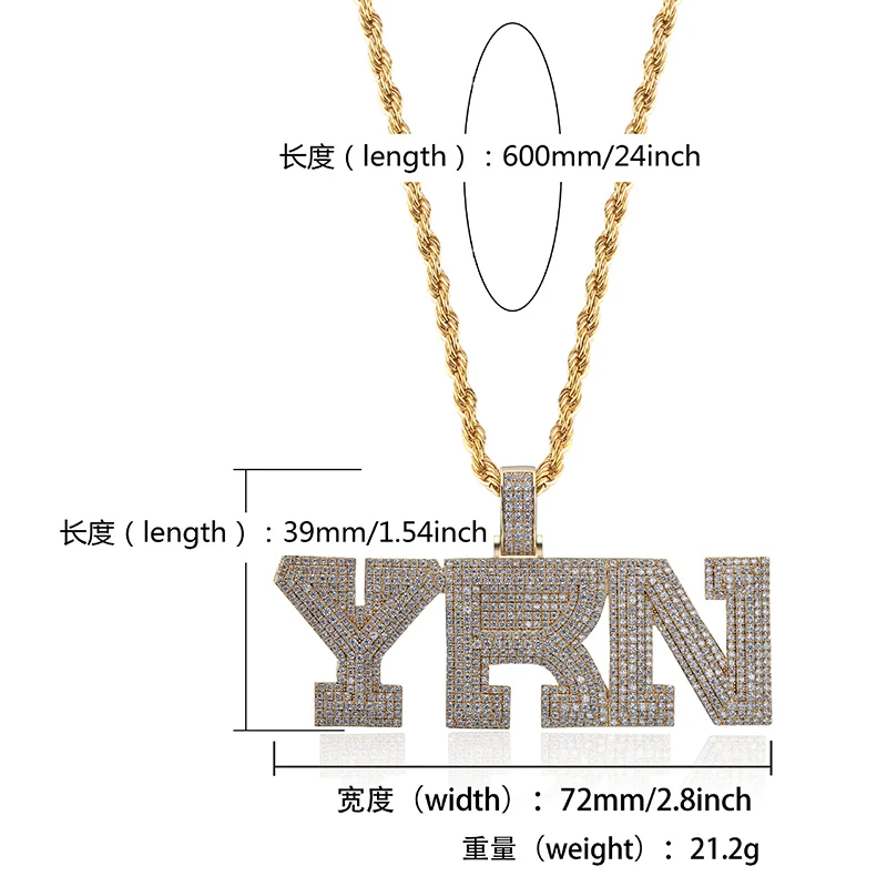 Hip Hop Micro Paved AAA+ Cubic Zirconia Iced Out Bling Gold Silver Color YRN Letter Pendants Necklace for Men Women  Jewelry