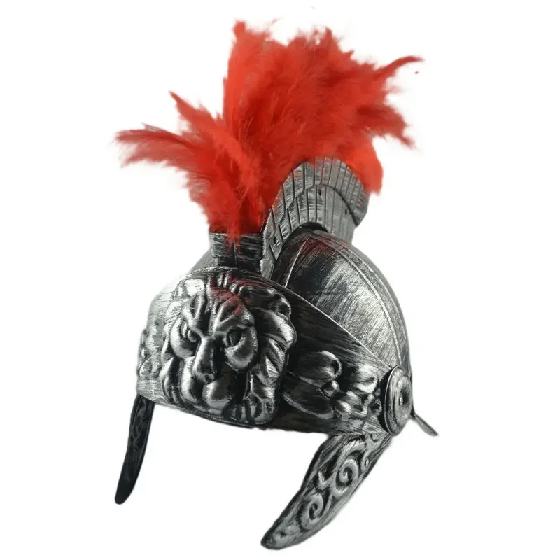 Vintage Spartan Helmet Plastic Warrior Hat Medieval Roman Lion Feathered Hat for Cosplay Halloween Party Accessory