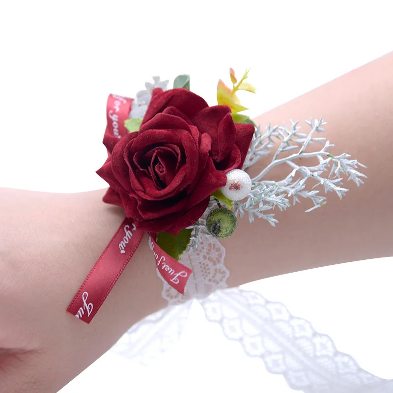 New Ivory Rose Flowers Bracelet Bridesmaid Wrist Corsage Bride Accessories Silk Sash Girl wedding supplies