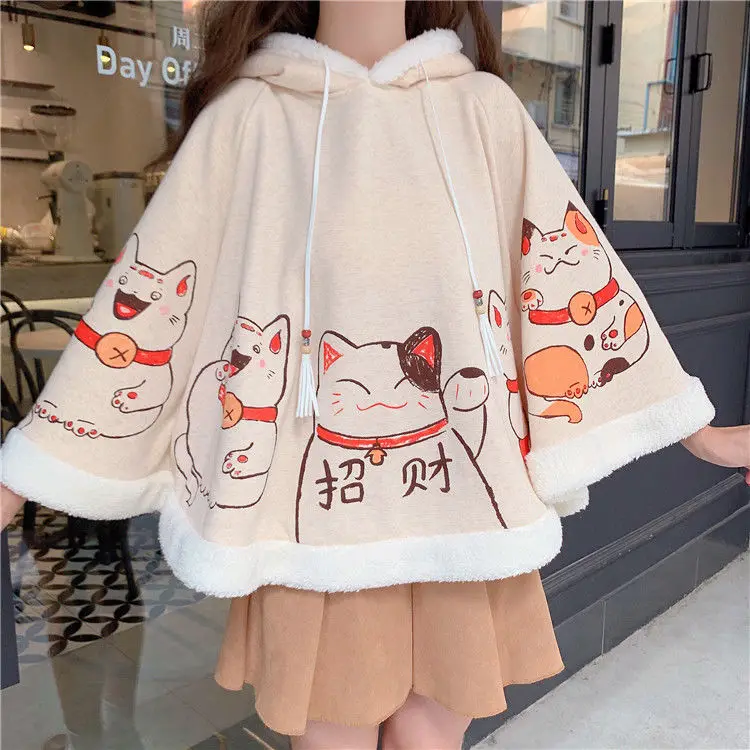 2023 Kawaii Cloak Harajuku Ears Hooded Outwear Japanese Lucky Cat Fleece Cape Batwing Sleeve Loose Pullover Tops Winter Clothes