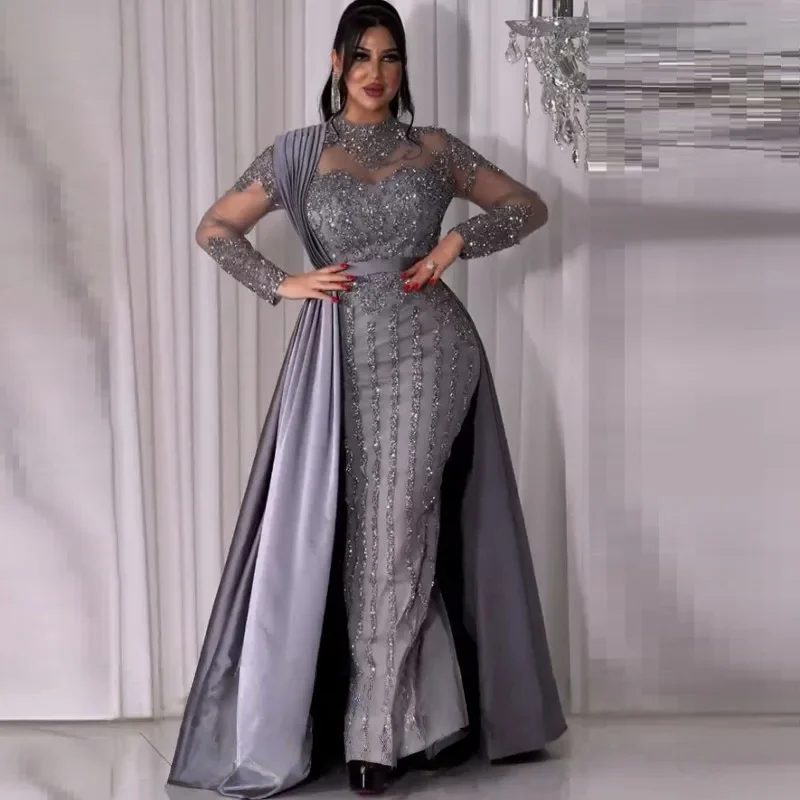 Personalizado 2025 manga comprida alta pescoço sereia cinza vestido de noite para festas de casamento luxuoso e elegante vestido de baile de lantejoulas