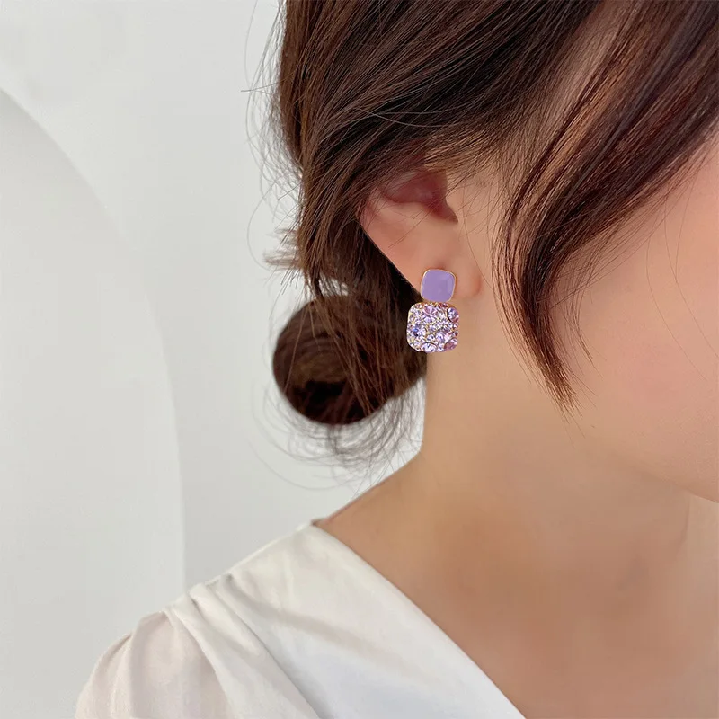 New Purple Color Zircon Crystal Enamel Double Square Drop Earrings for Women Korean Style Jewelry Trend Creative Accessories