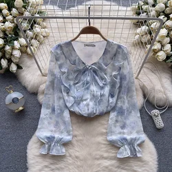 Flower Print Womens Tops And Blouses Casual Ruffles V Neck Long Petal Sleeve Chiffon Loose Female Tunic Bow Spring Pullover