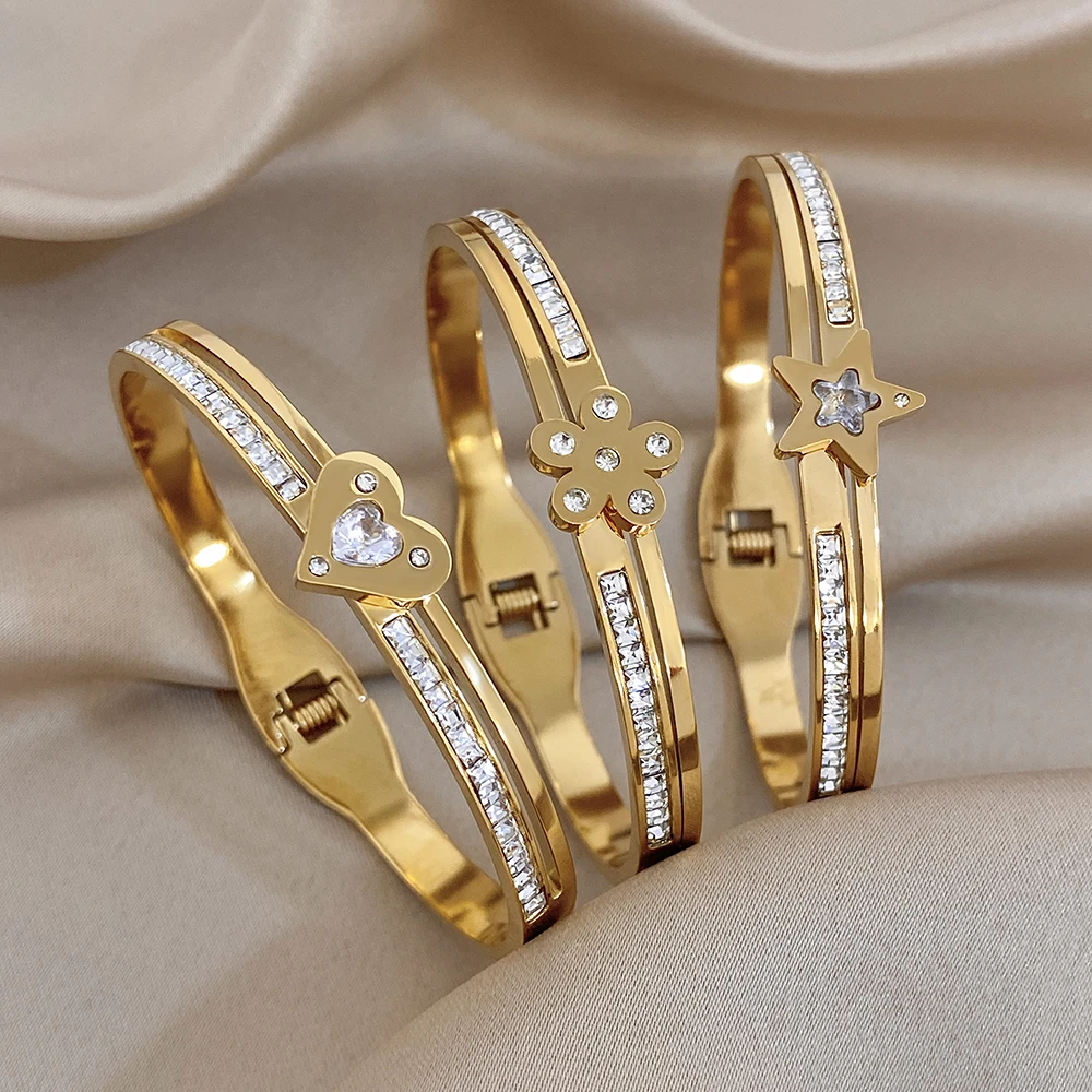 

Freetry New Waterproof Stainless Steel Round Bangle Bracelet for Women Elegant Rhinestone Star Flower Heart Cuff Spring Bangles