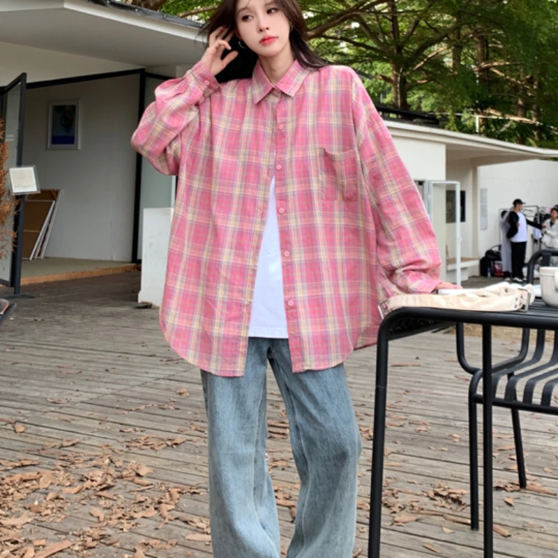 Plaid Shirts Women Clothing Sweet Streetwear Korean Style Baggy Youthful Long Sleeve All-match Casual College Vintage Daily New