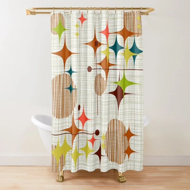 Eames Era Starbursts and Globes 3 Shower Curtain,Retro Mid Century Modern Abstract Pattern Waterproof Bathroom Shower Curtains