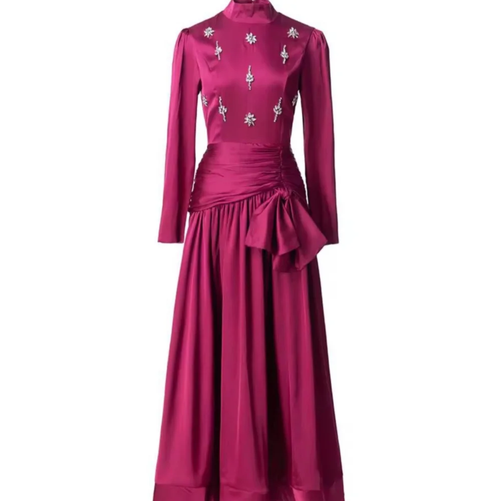 

Customized Women Evening Dress Rhinestone High Collar A-line Pleat Long Dresses Bespoke Occasion Elegant Party Classic