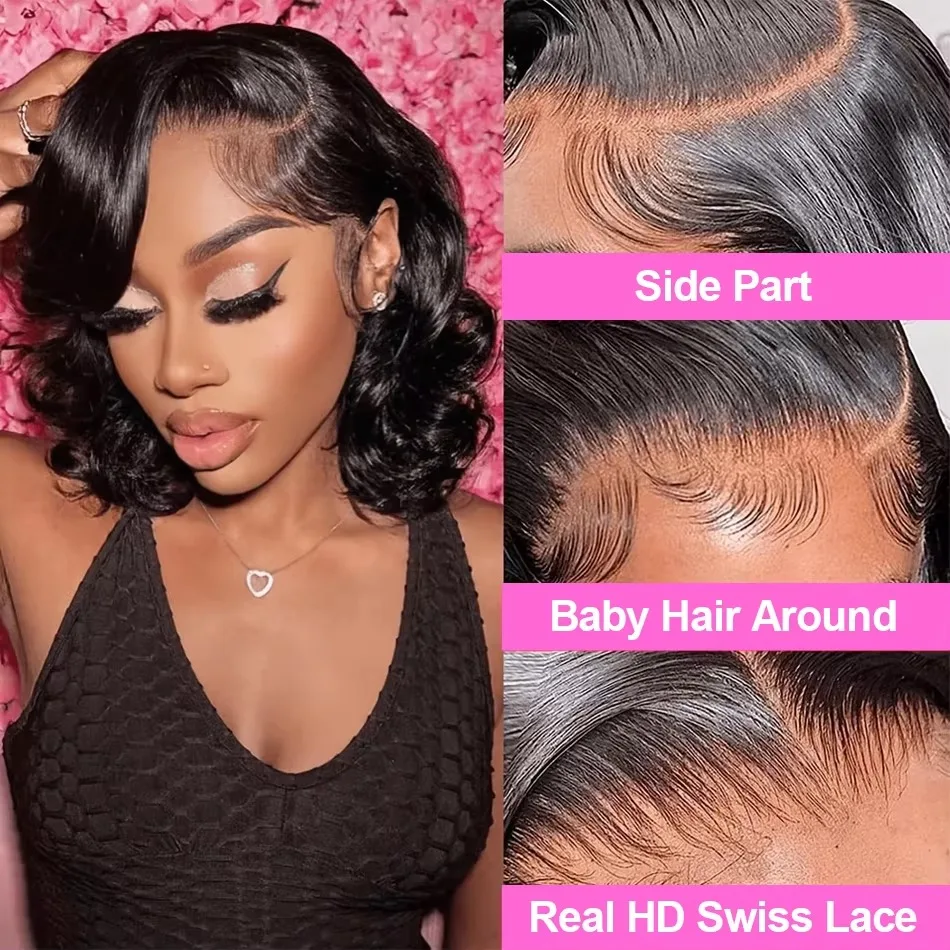Short Body Wave Bob Wig 13x6 Transparent Lace Frontal Wig 100% Human Hair Brazilian 13x4 Pre Plucked Wigs 5x5 Ready to Go HD Lace Glueless Wigs For Women 220% Density