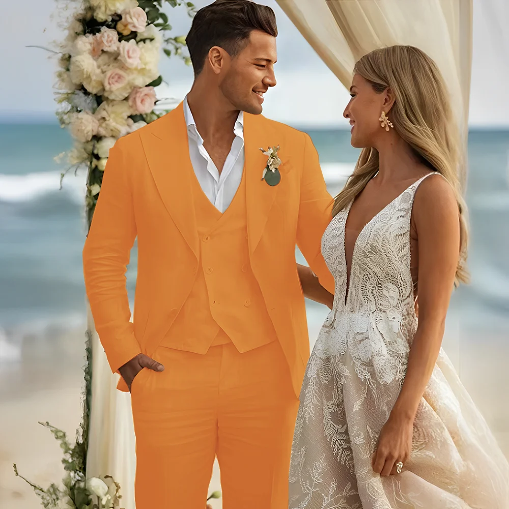 Beige Linen Suit for Mens Summer Wedding Tuxedo 3-piece Party Outfit Custom Slim Men's Blazer （XS-5XL）