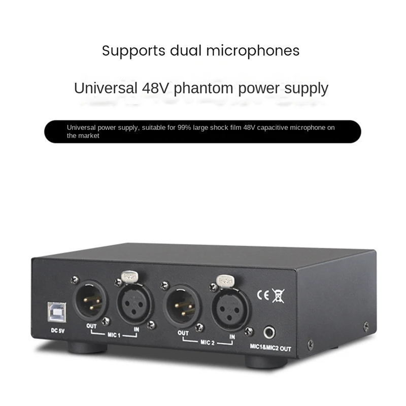 USB Dual Mixed Output Phantom Power Supply Black 48V For Condenser Microphones Music Recording Equipment