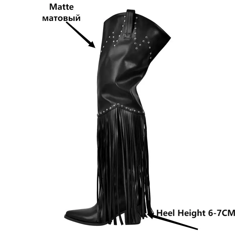 Onlymaker Women Black Fringe Over The Knee Boots   Chunky Heel Winter Pointed Toe Female Wstern Boots