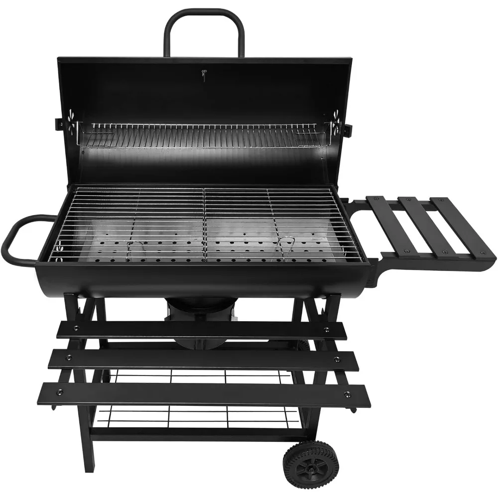 28-Inch Charcoal Grill,2 Foldable Side Tables,Bottom Storage Shelf,Pull-out Ash Tray,Outdoor BBQ Grill for Gatherings Camping