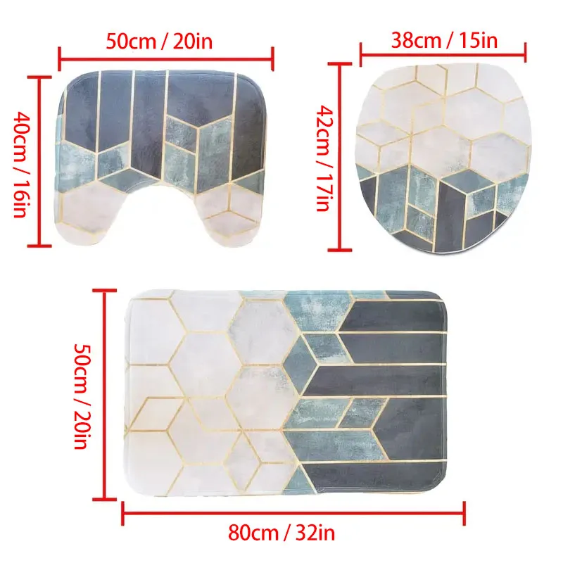 Toilet Seat Cover 3PC Set Bathtub Mat Shower Room Floor Carpet Family Bathroom Anti-Slip Sliding Door Mat Print Bathtub Decorati