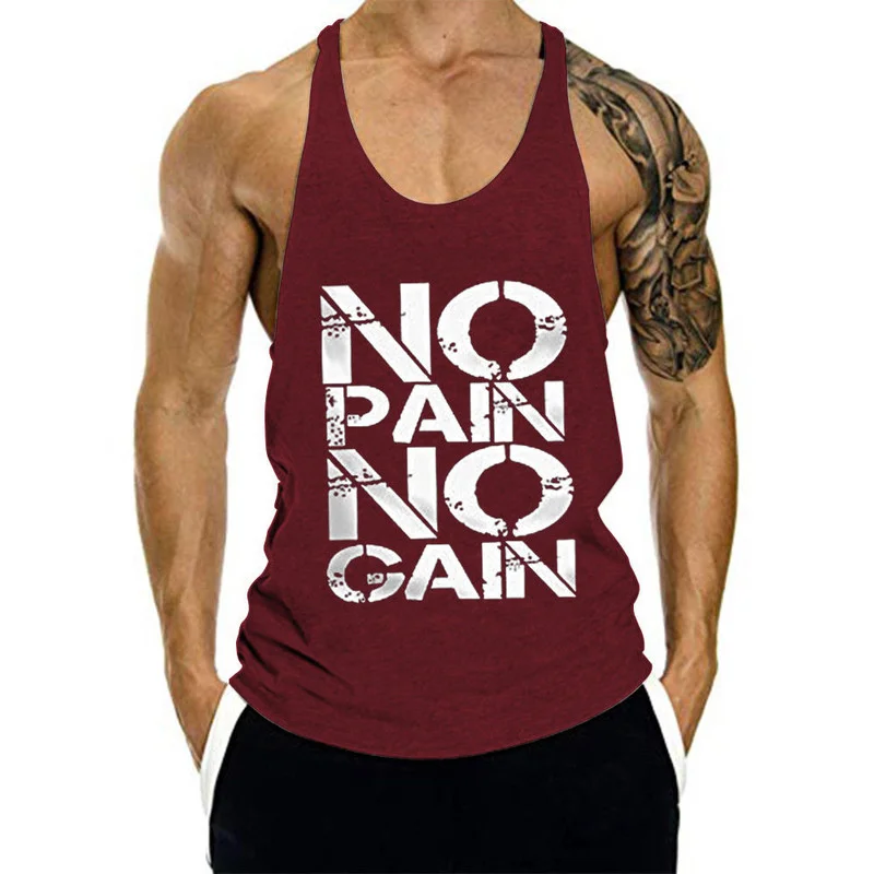 Gym Fitness Tank Top For Men Text Print No Pain No Gain Personality Sleeveless T-shirt Loose Breathable Train Summer Vest Top