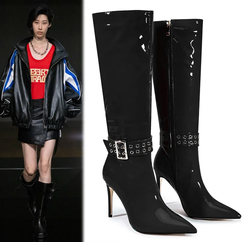 Belt Buckle Design Hollow Pointed Toe Boots Thin Heels Zippers Solid Patent Leather Botas Knee Winter Women Shoes Runway Luxury