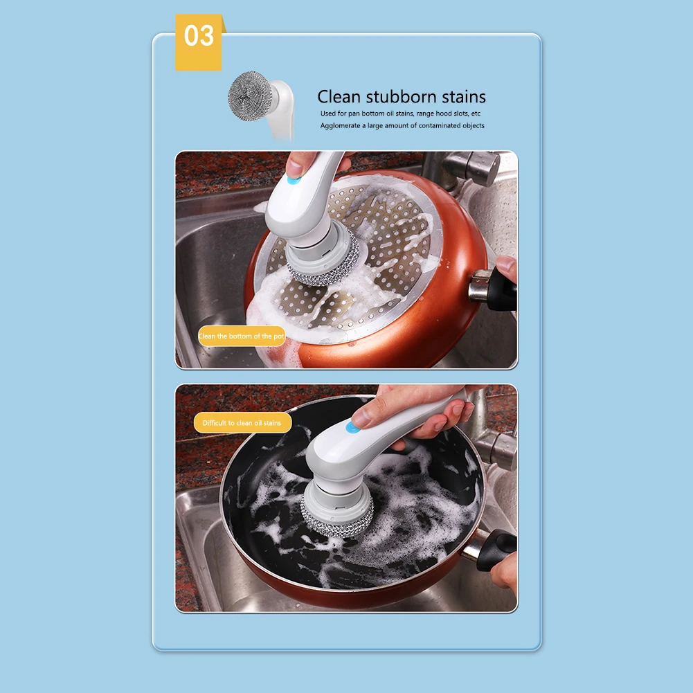 Electric Clean Brush Multifunctional Kitchen Home Cleaning Brush 3 Replaceable Brush Heads Bathroom Kitchen Cleaner