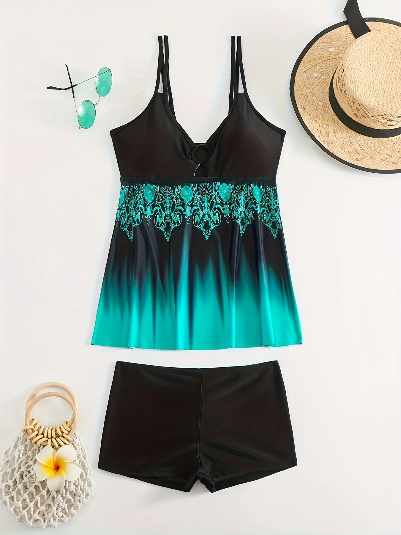 2026 New Women's Sexy & Fashionable Black-Blue Gradient Ring Accent Separates Swimsuit with Turquoise Pattern Cover-Up Skirt & B
