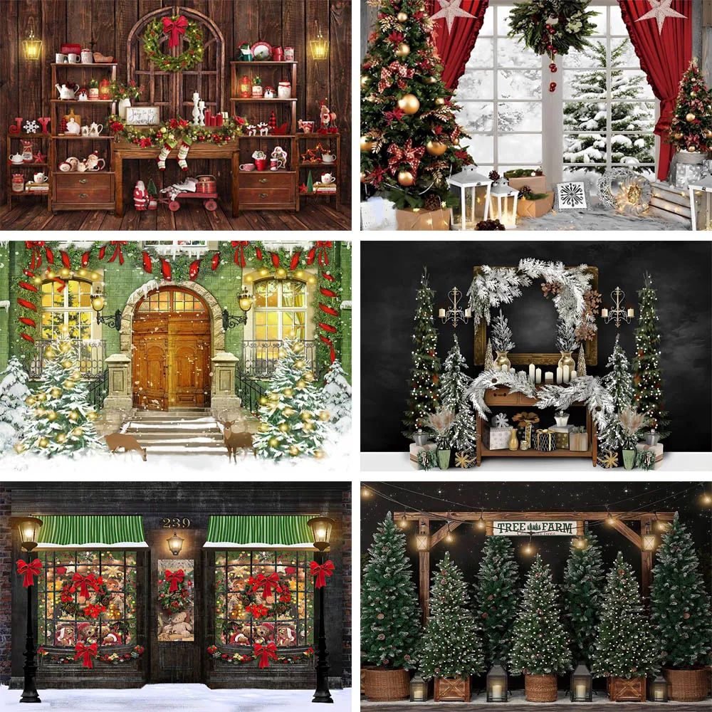 

Photography Background Christmas Tree Xmas Store Gifts Toy Window Winter Snow Green Forest Family Portrait Backdrops Photocall