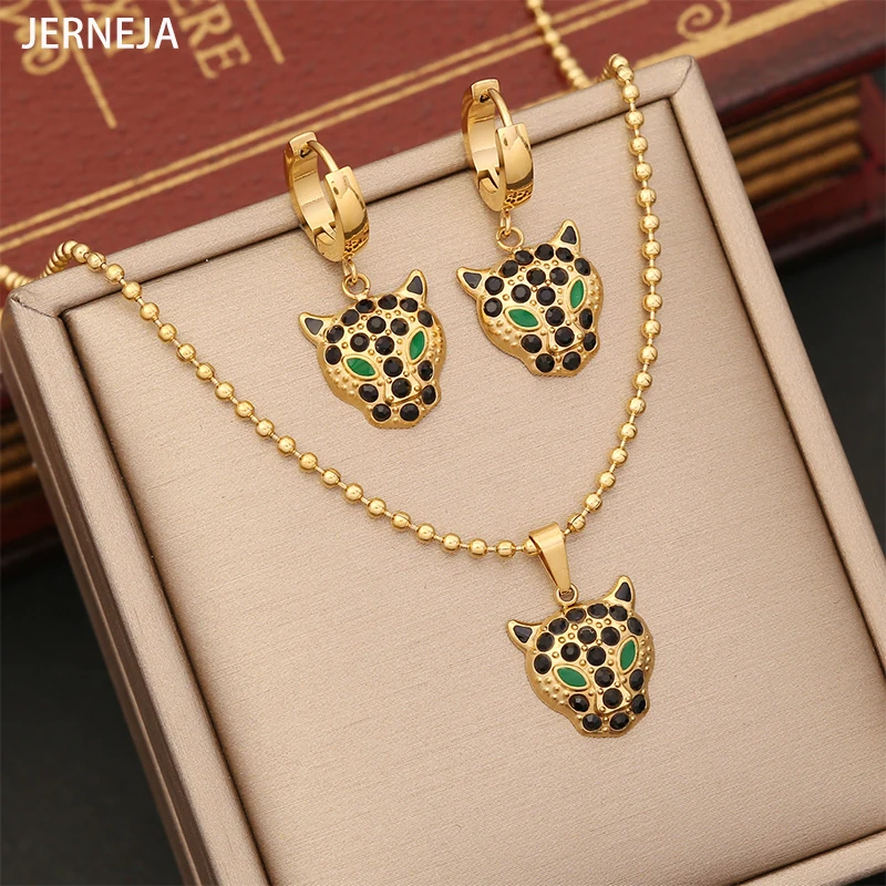 316LStainless Steel Chain Micro Inlaid WithZircon Flower Leopard Head Pendant ChainElegant Necklace Earring Jewelry Set