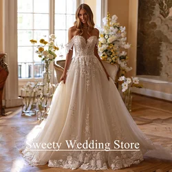 Romantic Wedding Dress Customized Sweetheart Off Shoulder Sequined Applique Sweep Train Backless A Line Princess Bridal Gown