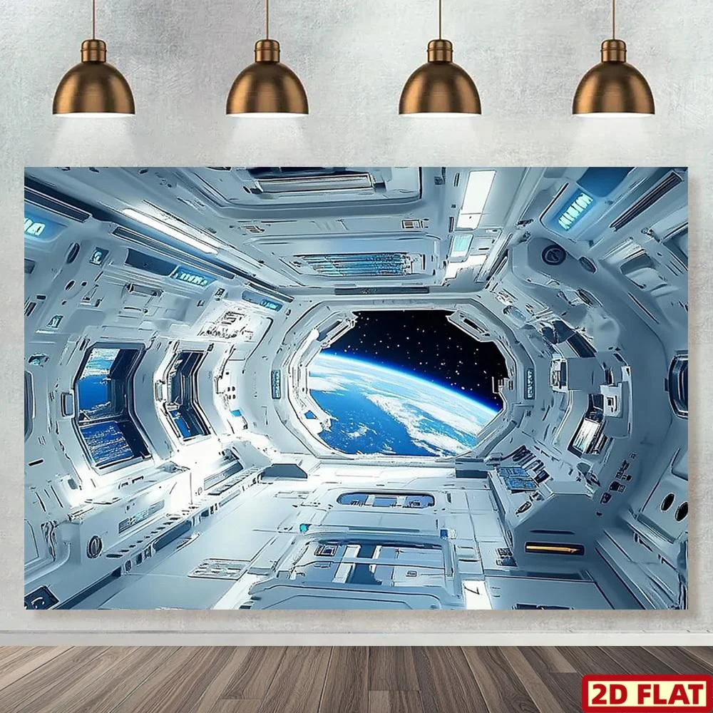 2D Flat, 1pc Space Station View Wall Art - 2D Flat Polyester Hanging Ornament with Earth & Spacecraft Design, No Power Needed
