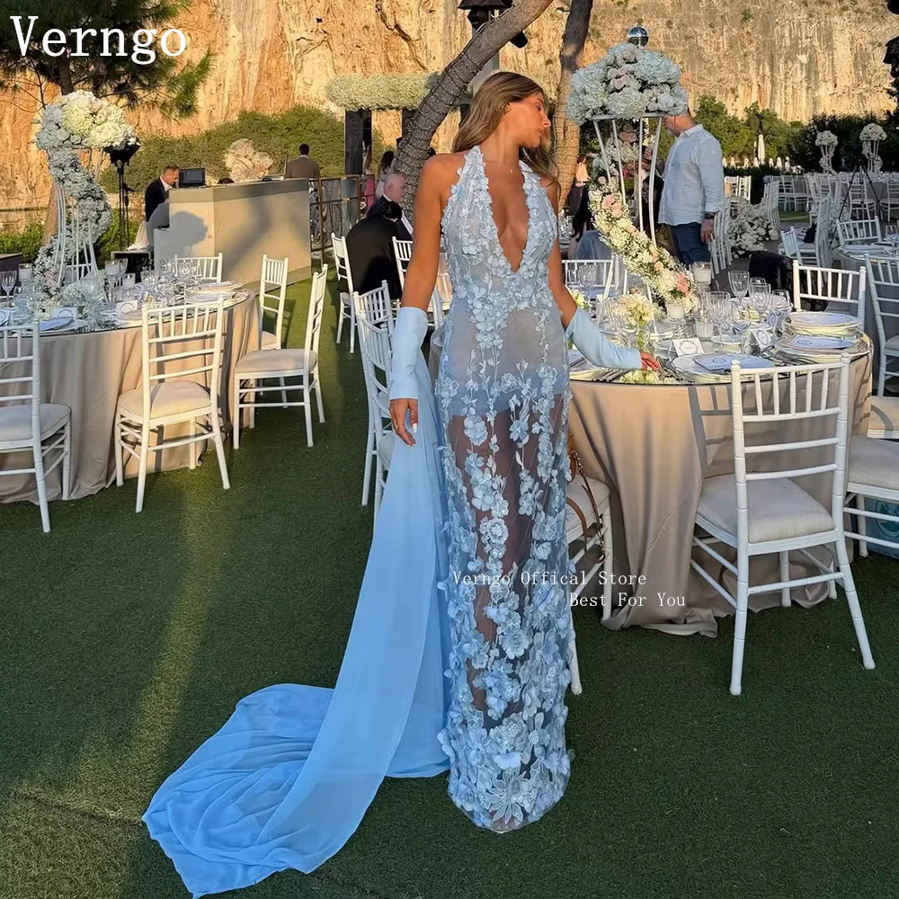 

Verngo Luxury Flowers Evening Dress Halter Mermaid Maxi Prom Gowns Shawl Elegant Prom Party Gowns 2027 Customized