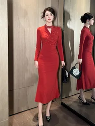 New Year's Dress Women's Spring New Sexy Hollow Beaded Slim Fit Fishtail Dress