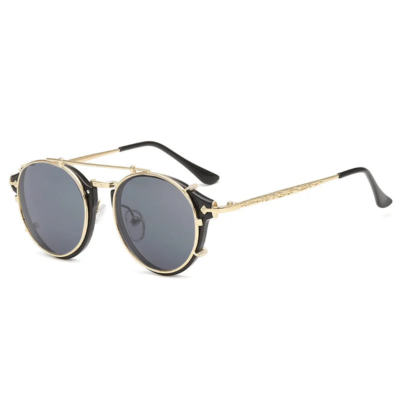 Retro Steampunk Round Clip On Sunglasses Men Women Double Layer Removable Lenses Detachable Shades Clear Hollow Legs Glasses