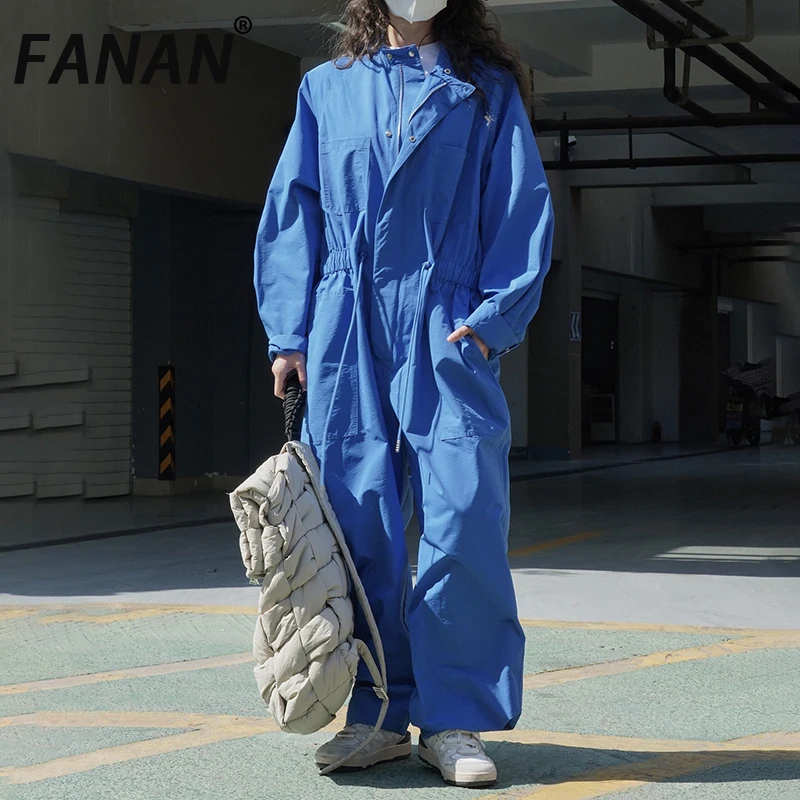 

FANAN2023, осенний новый однотонный комбинезон со сборками на талии для женщин, широкие брюки с длинными рукавами и молнией с лацканами, женская мода