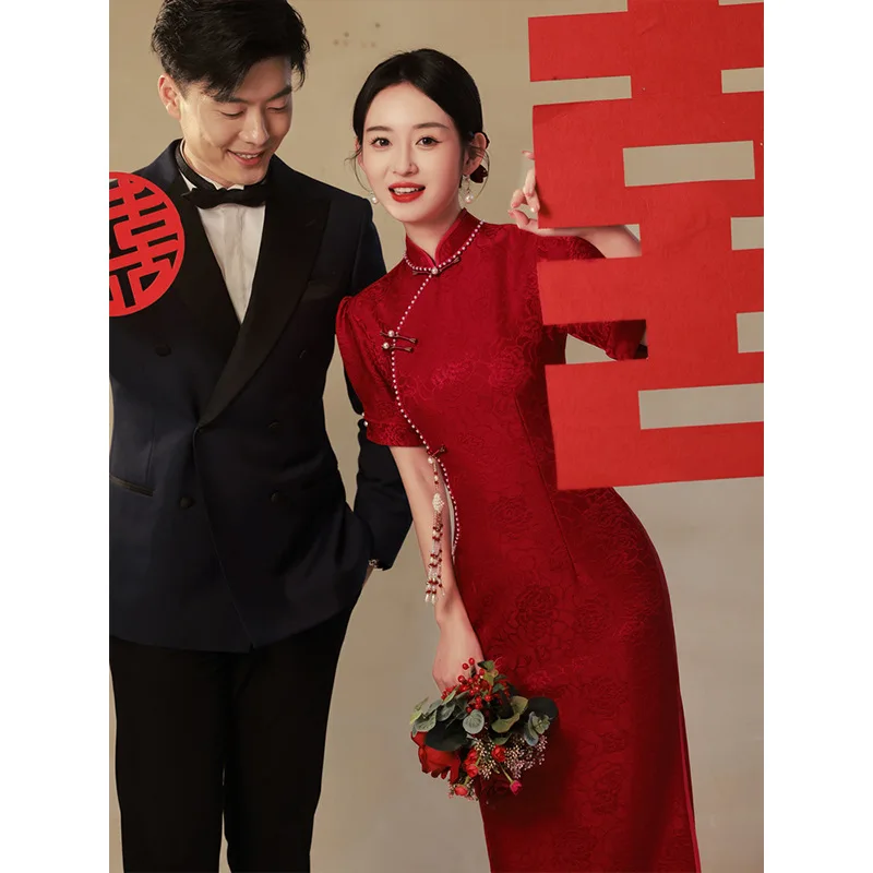 

Young Bride Red Chinese Sle Wedding Dr Slimming Summer Ceremony Gown Cus Made Women's Faionable ort Size