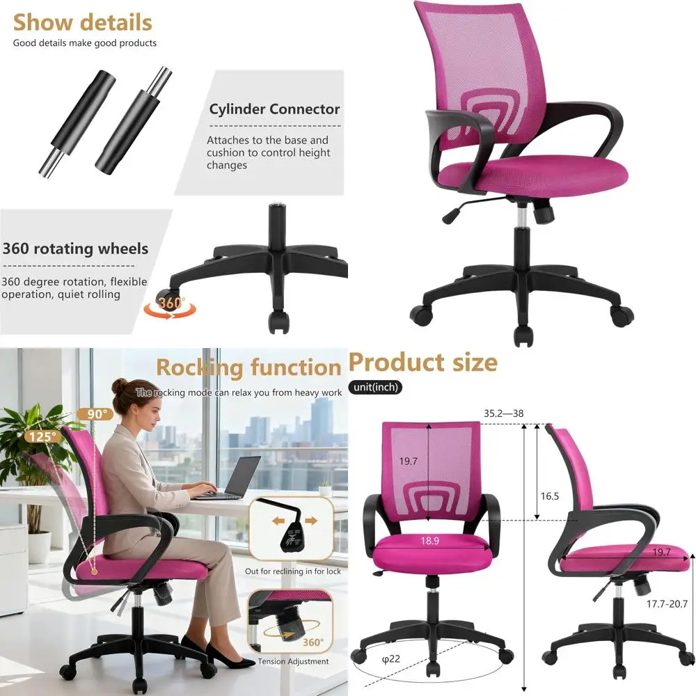 

Mid-Back Swivel Chair with Breathable Lumbar Support, Adjustable Height, Padded Seat, and Peach Pink for Adults & Women