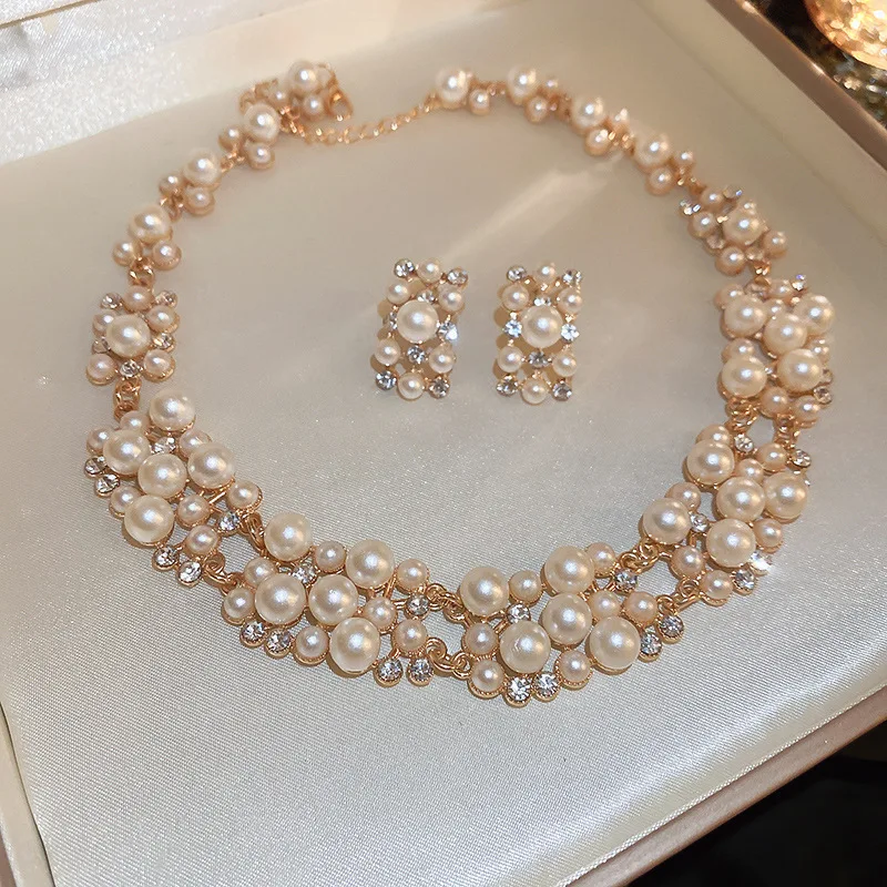 2 Pcs Imitation Pearl Rhinestones Necklaces Stud Earrings Set