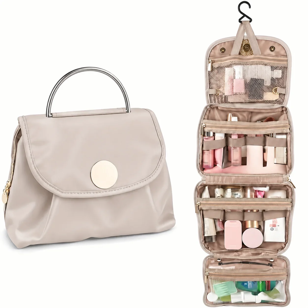 Travel Toiletry Bag with Hook Waterproof Makeup Organizer 4 Layer Cosmetic Storage Bag Portable Wash Bag for Women