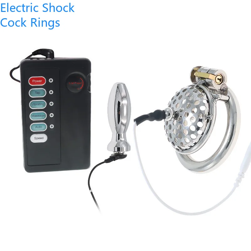 Electrical Chastity Lock Masturbator Pulse Massage Electric Shock Penis Ring Cock Cages Medical Themed Adult Sex Toy For Men