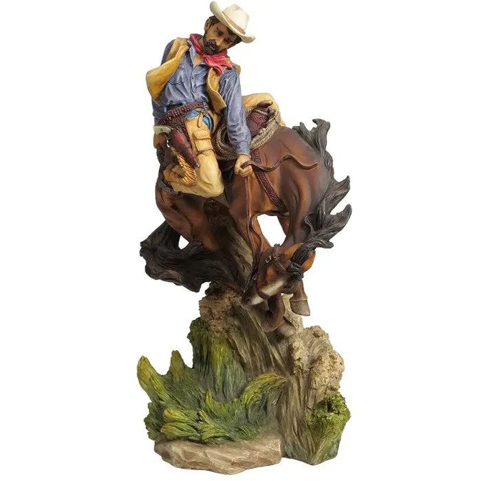 Wild Western Bucking Horse Cowboy Resin Statue Retro American Rodeo Cowboy Craft Ornament Home Desktop Decorative Sculpture Gift