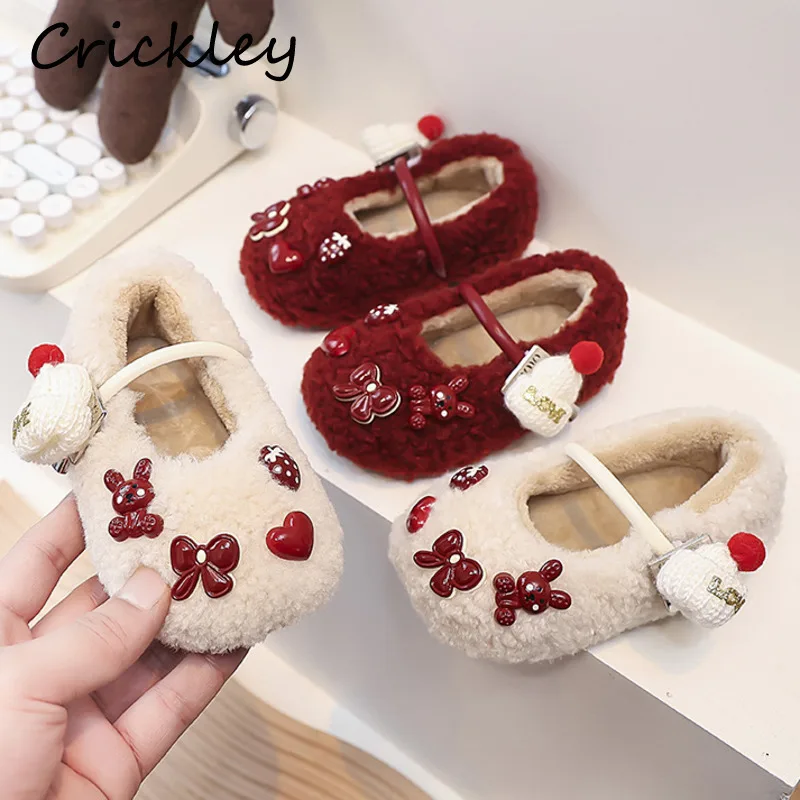 

Winter Christmas Girls Flats Shoes Cartoon Plush Warm Toddler Children Party Shoes Hook Loop Soft Princess Shoes For Kids