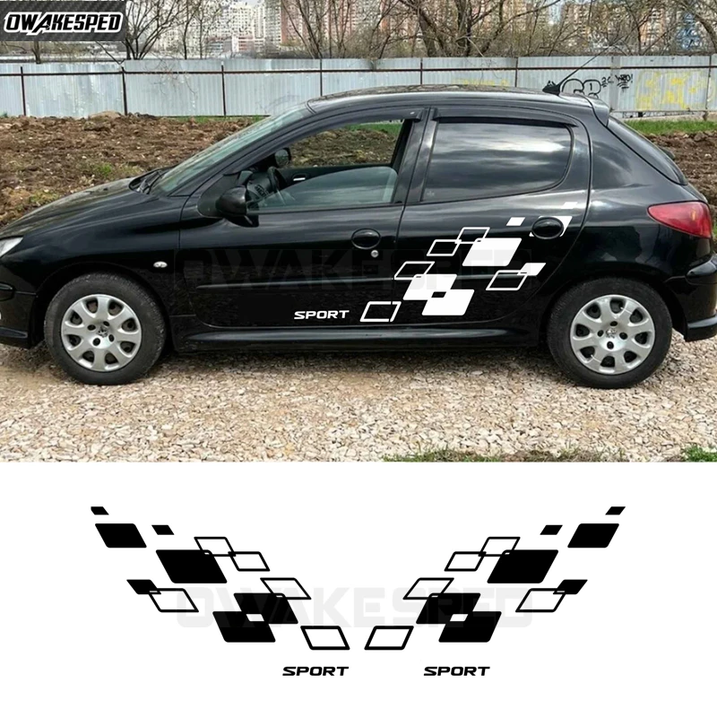 4Pcs Racing Lattices DIY Sticker For Peugeot 206 Car Body Both Side Decor Vinyl Decal Auto Door Accessories Sport Styling