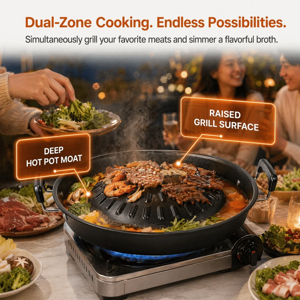 Durable Iron Thai BBQ Grill Pan Round Dual Use Round Thai Style BBQ Side Handles Raised Center Dome Grill Pan with Side Camping
