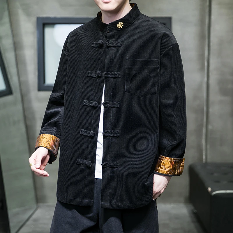 

Warm Corduroy Jaet for Men with Button Design Chinese Sle Long Sve Outerwear Stand Fit Autumn Winter Faion