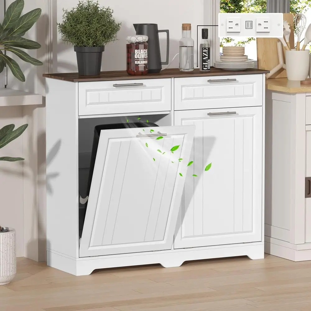 

10 Gallon Dual Trash Can Cabinet with Deodorizer, Power Outlet, and Wooden Storage Drawers for Kitchen or Bathroom, White