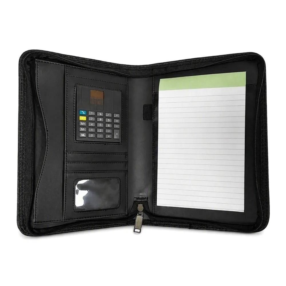 PU Leather Business Portfolio A5 Size 3 Ring Binder Padfolio Folder Zippered Closure Card Slots Writing Pad Portfolio