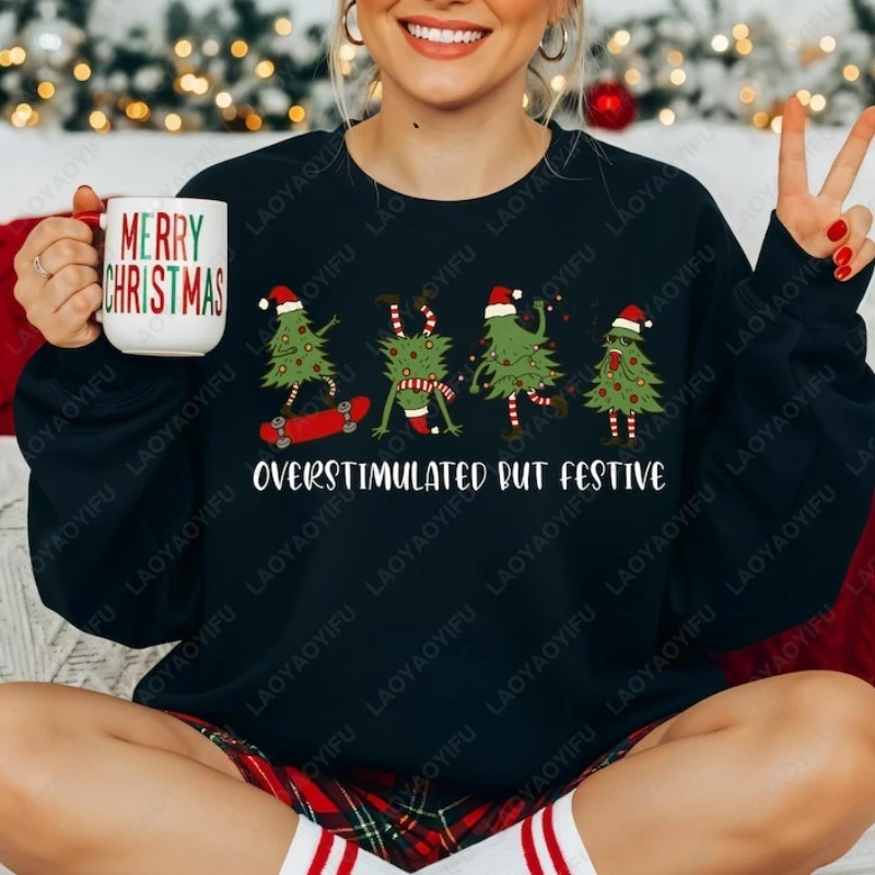 سويت شيرت كبير الحجم مطبوع عليه شجرة عيد الميلاد الاحتفالية للجنسين، مضحك ميمي ريترو كاجوال هودي شتوي بتصميم بسيط ورقبة دائرية #4