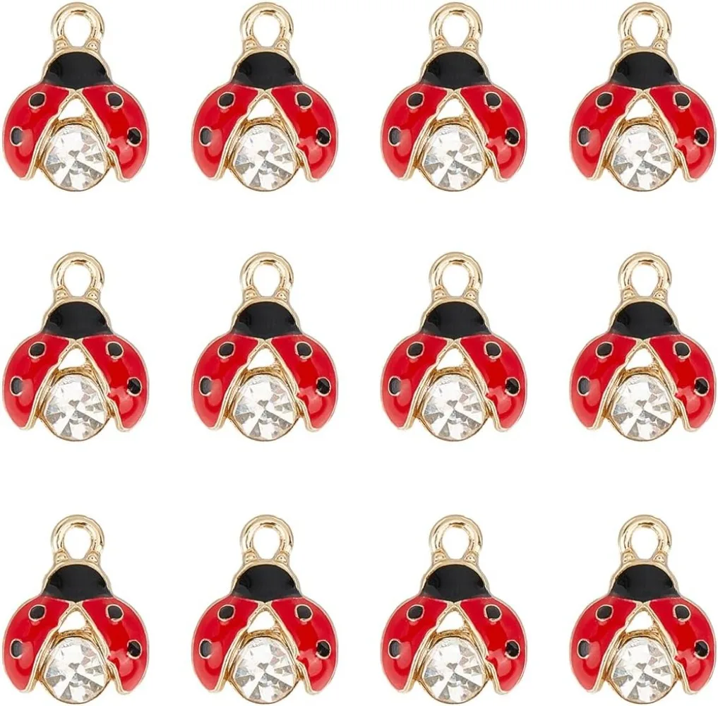 30Pcs Ladybug Charms Lady Bug Charm Small Alloy Gold Rhinestone Enamel Lucky Red Cute Insect Charms Bulk for Jewelry Making kit