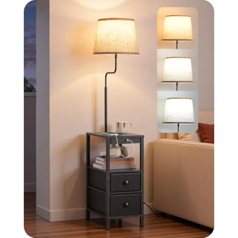 

Floor Lamp with Table, USB-A+Type-C Port, Dimmable Bedside Floor Lamp with Shelves, Farmhouse Remote Nightstand Light for Livin