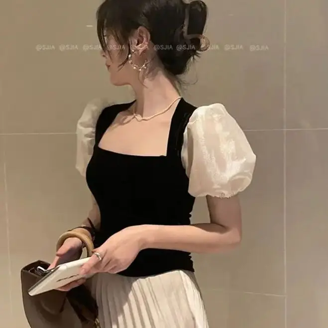 

Vintage Velvet Blouse Women Sexy Square Collar Medh Puff Sleeve Shirts 2024 Spring Summer Slim Crop Tops French Blusas