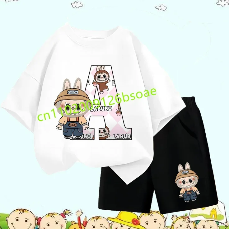 

Hot Labubu Melody Baby White T Shirt Set Girl Cute Anime Letters A-Z Print Tshirt Kids Thin Short Sleeve Tops Kawaii Shorts Suit