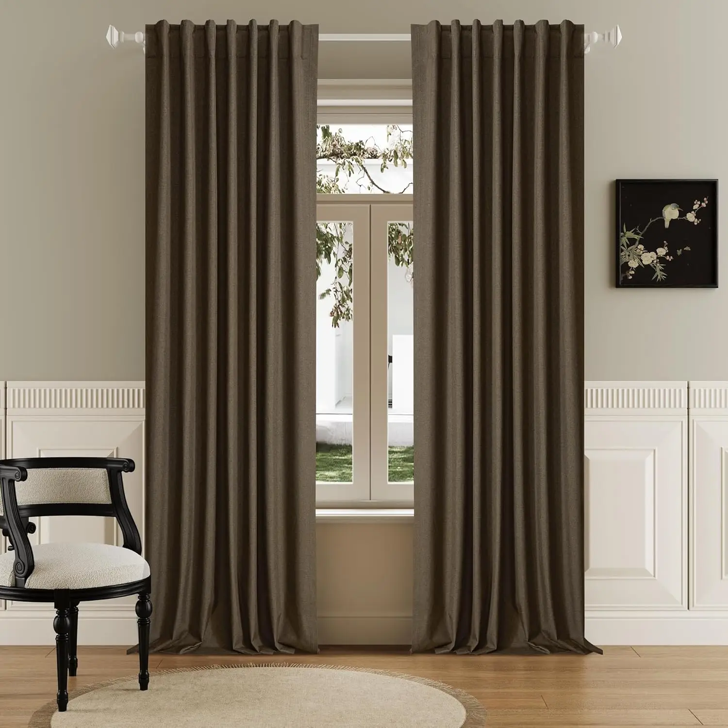 

Brown Linen Blackout Curtains 132 Inch Length 2 Panels Set for Living Room Bedroom Back Tab Thermal Insulated 100% Black