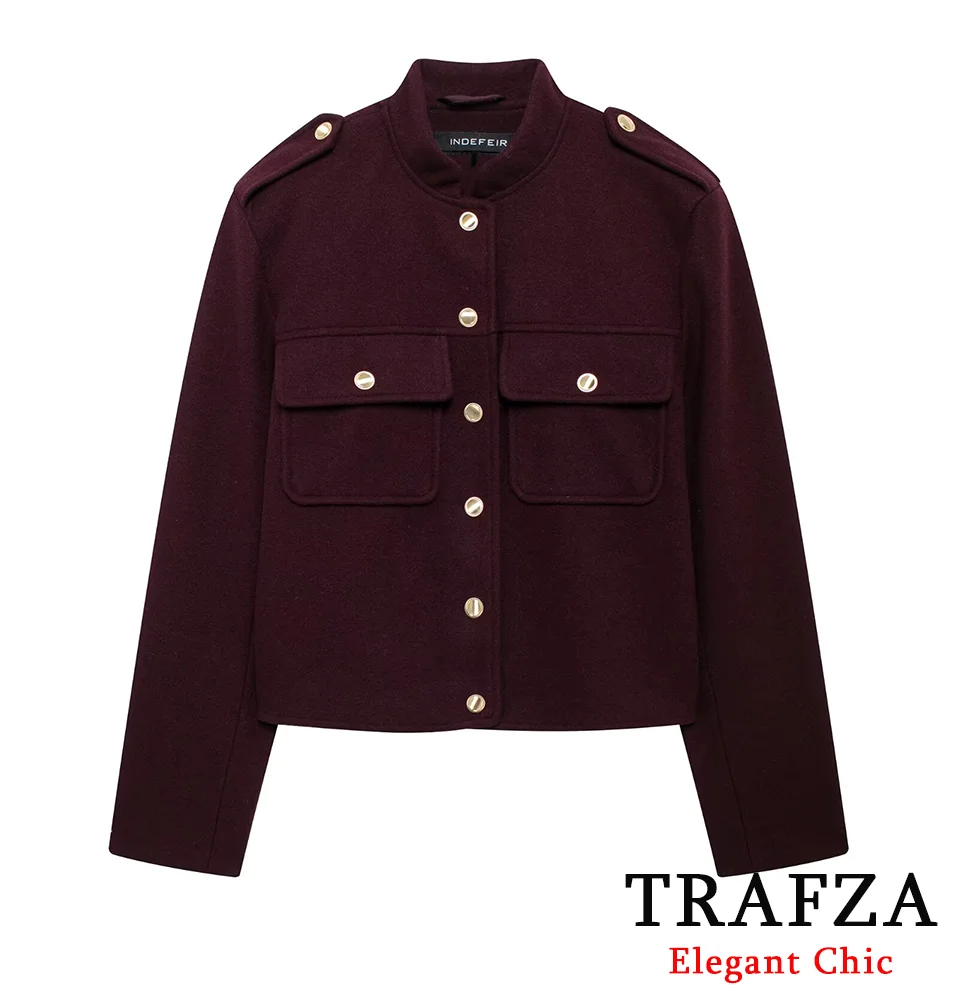 TRAFZA Women Vintage Soft Tweed Jacket Gold Color Button Half Collar Jacket New 2024 Autumn Fall Fashion Deep Burgundy Jacket