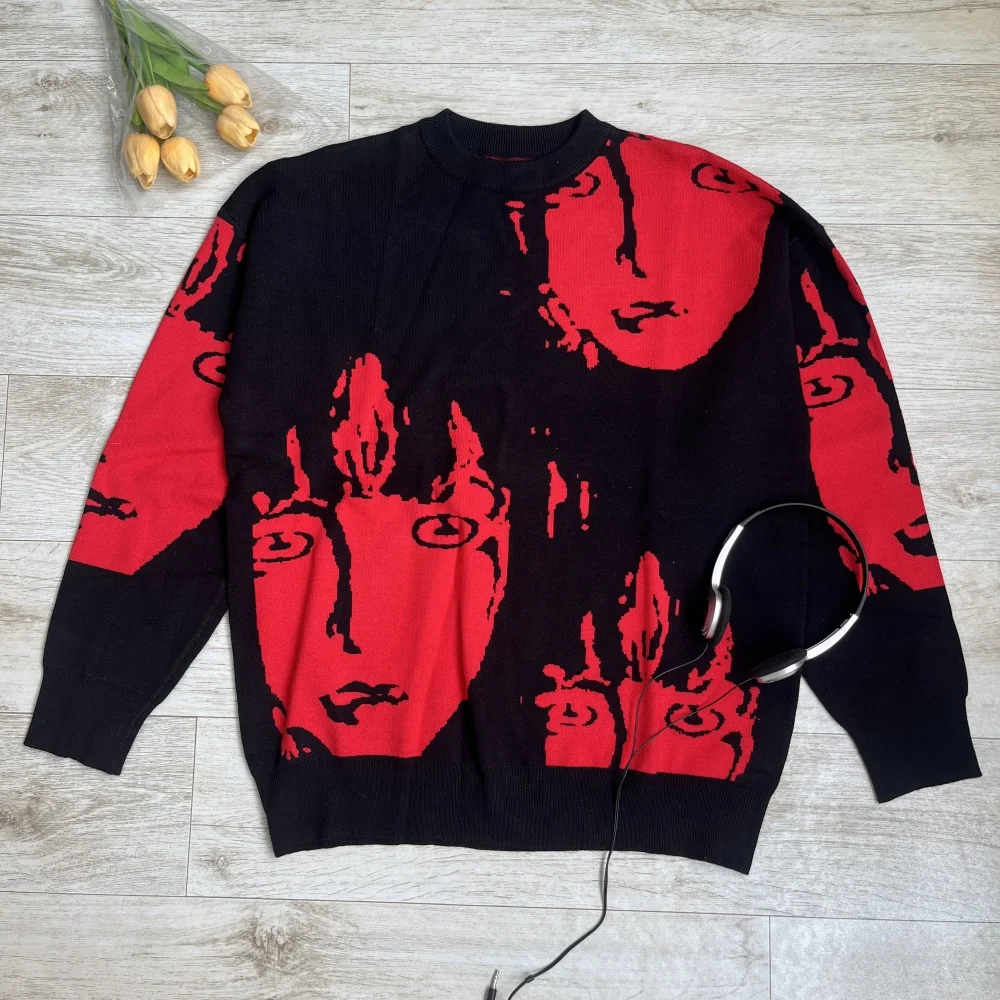 

Привлекательный винтажный вязаный свитер Harajuku, пуловер с корейским портретным узором, осенняя уличная одежда, мужской и женский вязаный свитер